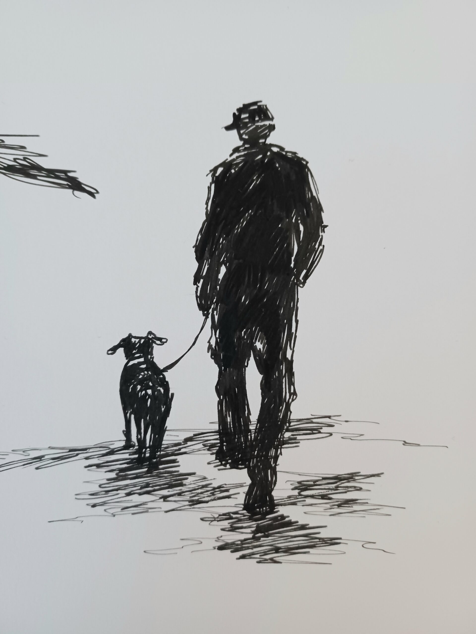 Man walking dog drawing